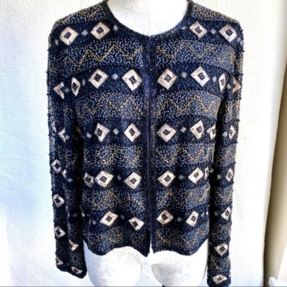 Vintage 70s M Beaded Print Open Jacket Cardigan - Picture 8 of 8